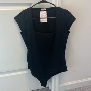 Free People Black Square Neck Cap Sleeve Bodysuit